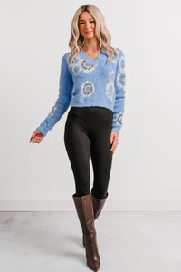 Peaceful Hours Floral V Neck Knit Sweater (Blue) - NanaMacs