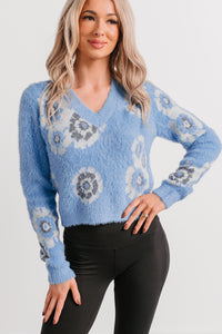Peaceful Hours Floral V Neck Knit Sweater (Blue) - NanaMacs