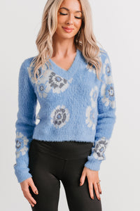 Peaceful Hours Floral V Neck Knit Sweater (Blue) - NanaMacs