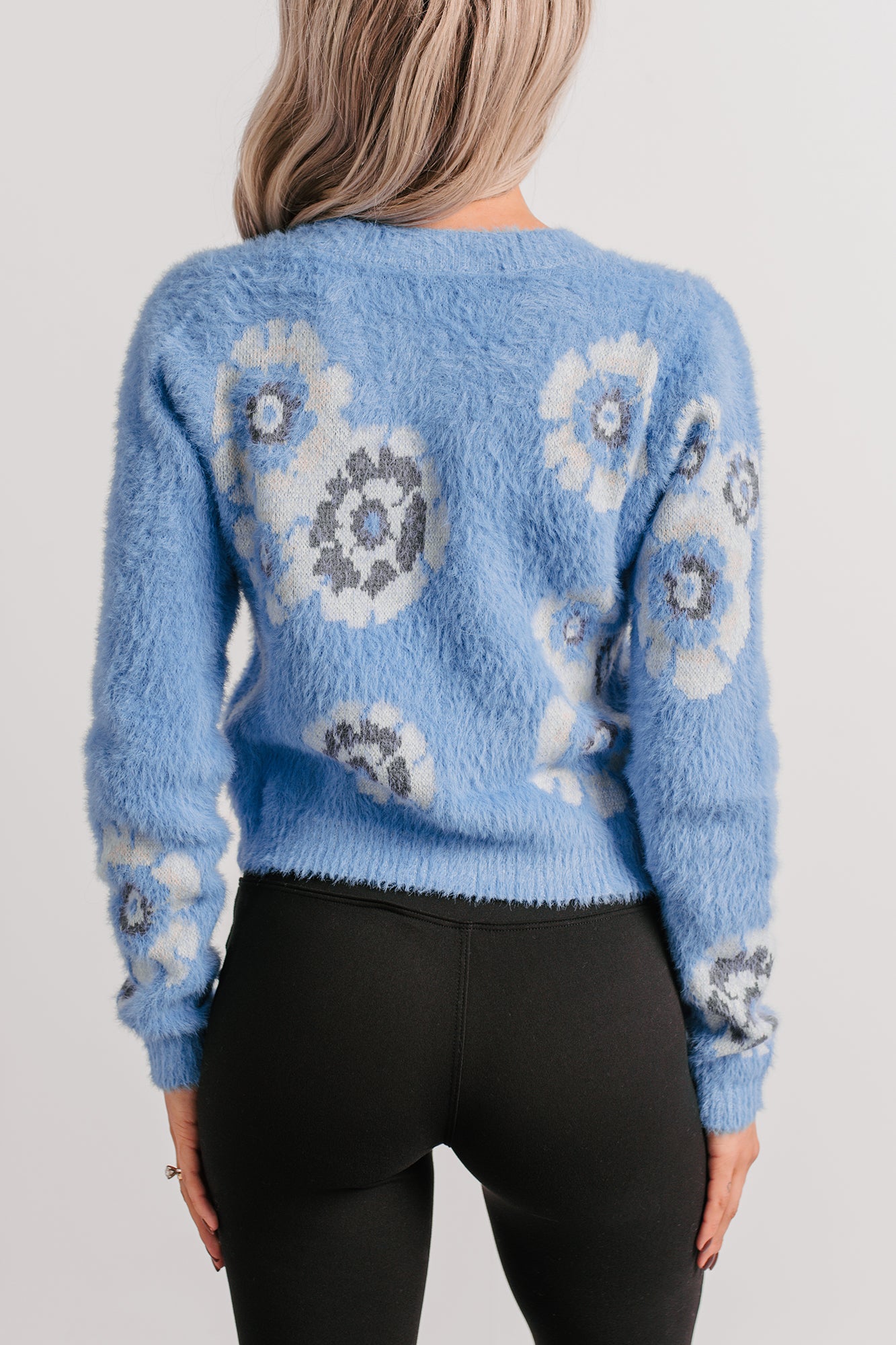 Peaceful Hours Floral V Neck Knit Sweater (Blue) - NanaMacs