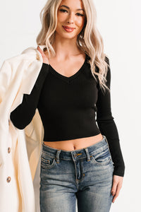 Born Sweet V Neck Ribbed Knit Top (Black) - NanaMacs