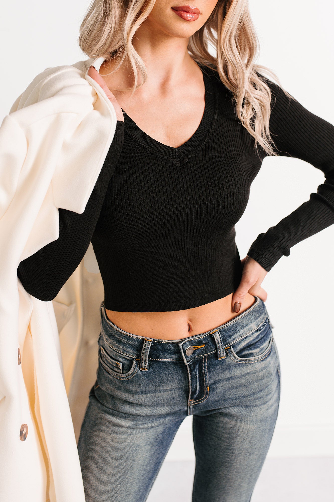 Born Sweet V Neck Ribbed Knit Top (Black) - NanaMacs