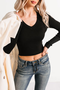 Born Sweet V Neck Ribbed Knit Top (Black) - NanaMacs