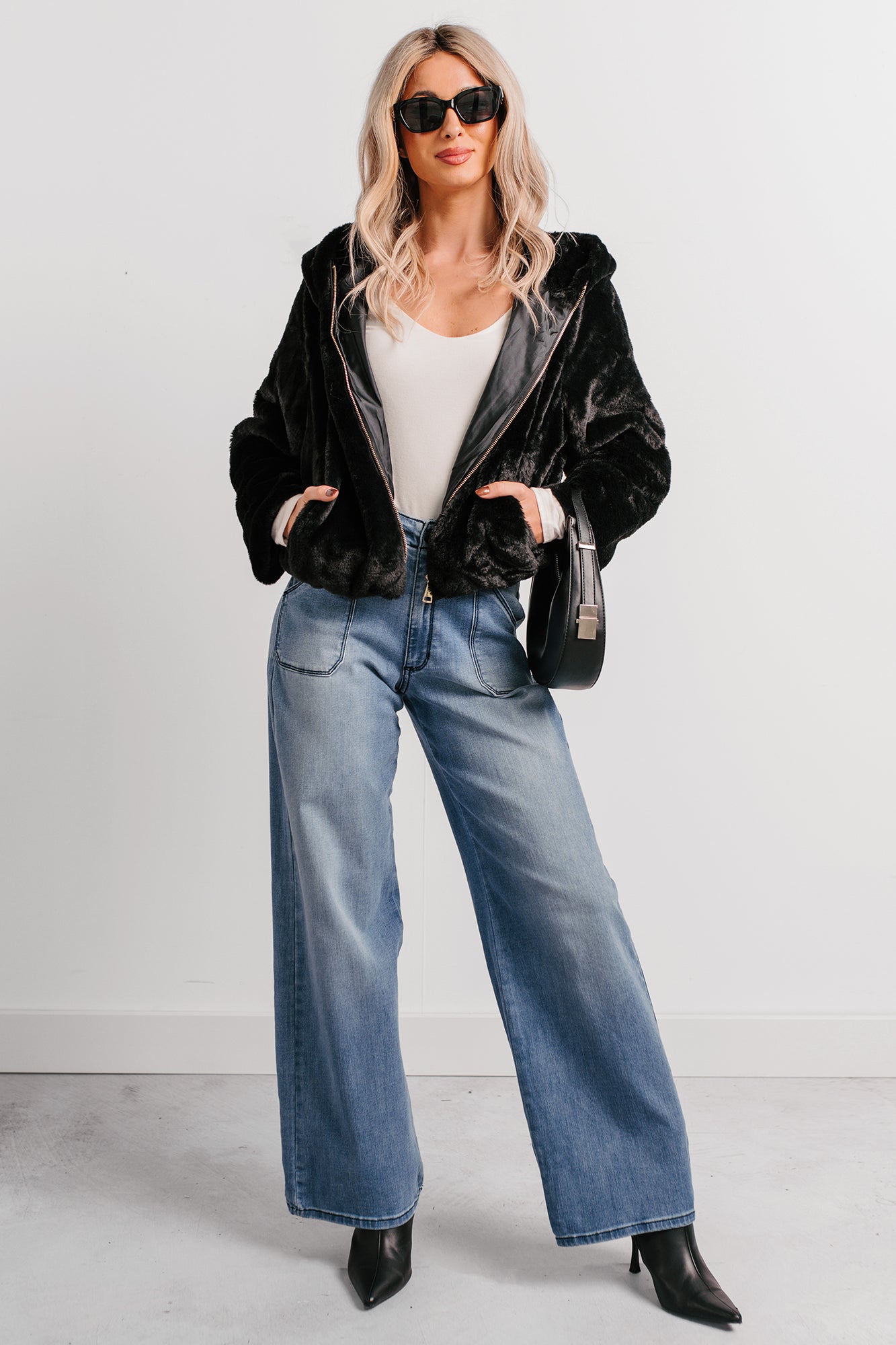 Daydream Girl Faux Fur Hooded Crop Jacket (Black) - NanaMacs