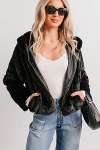 Daydream Girl Faux Fur Hooded Crop Jacket (Black) - NanaMacs