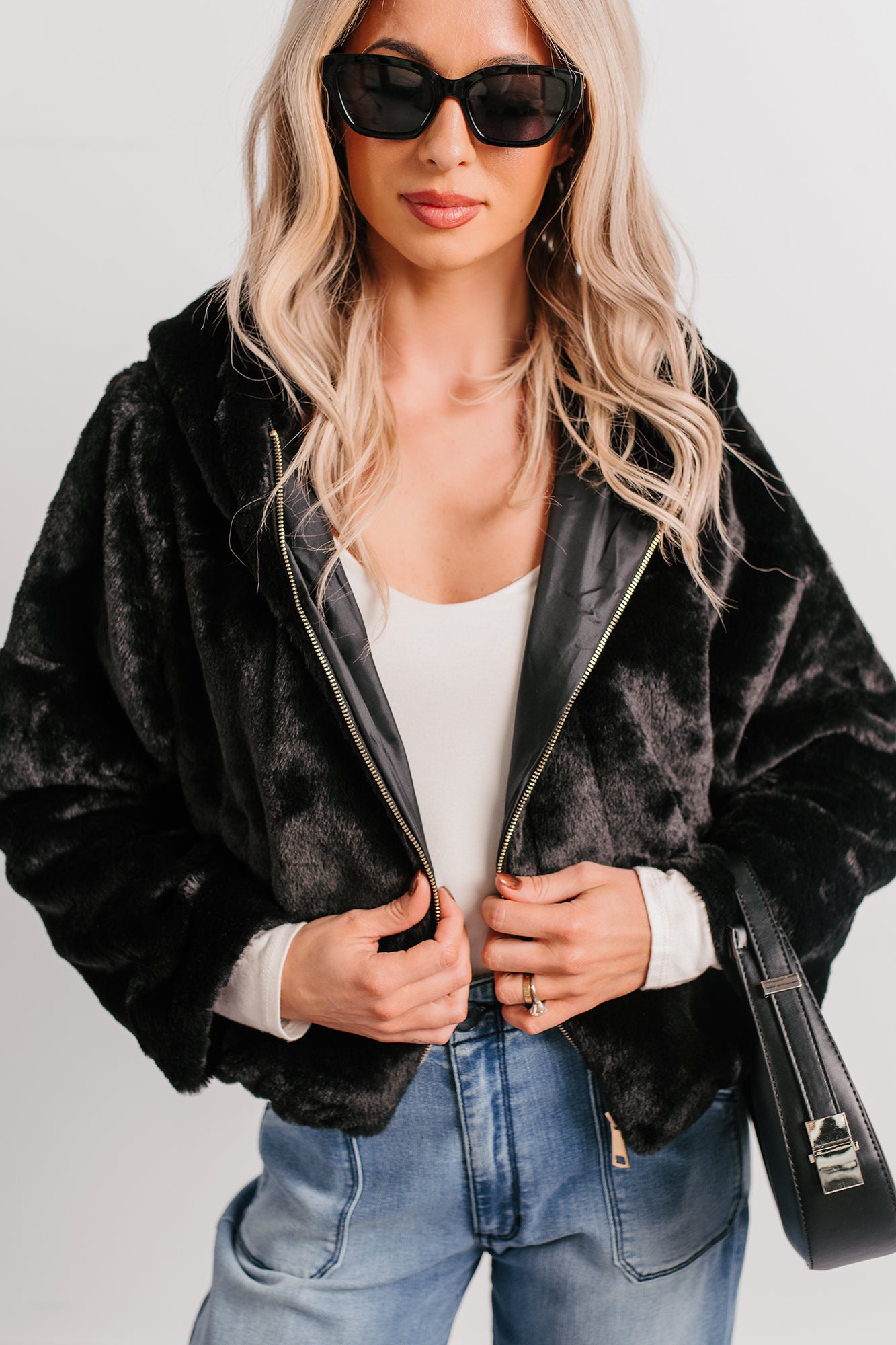 Daydream Girl Faux Fur Hooded Crop Jacket (Black) - NanaMacs
