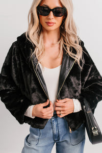 Daydream Girl Faux Fur Hooded Crop Jacket (Black) - NanaMacs