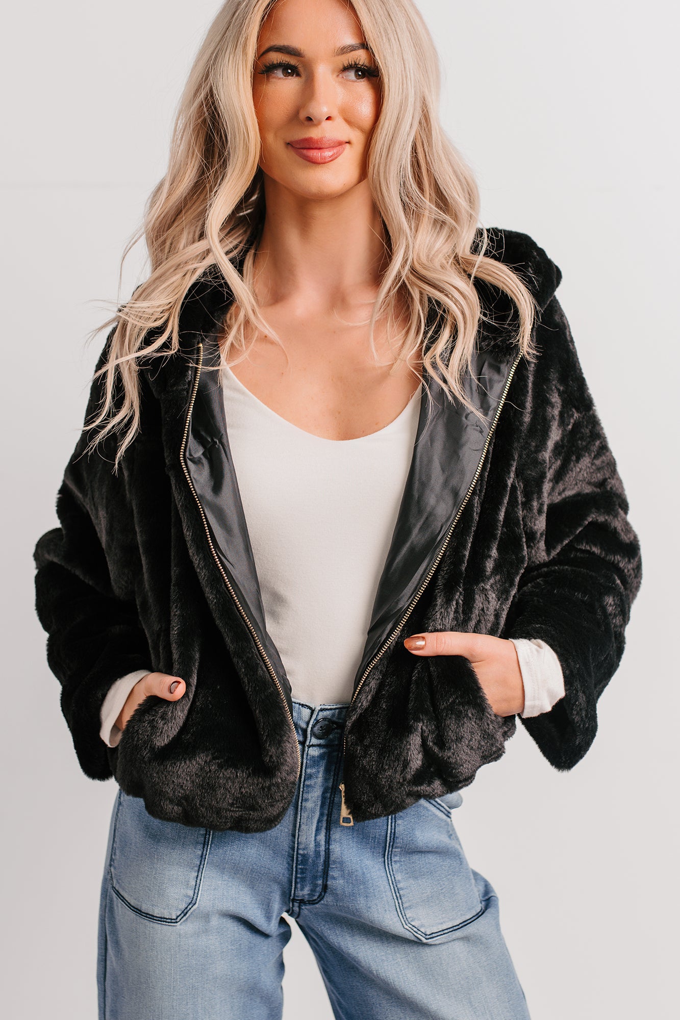 Daydream Girl Faux Fur Hooded Crop Jacket (Black) - NanaMacs