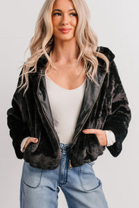 Daydream Girl Faux Fur Hooded Crop Jacket (Black) - NanaMacs