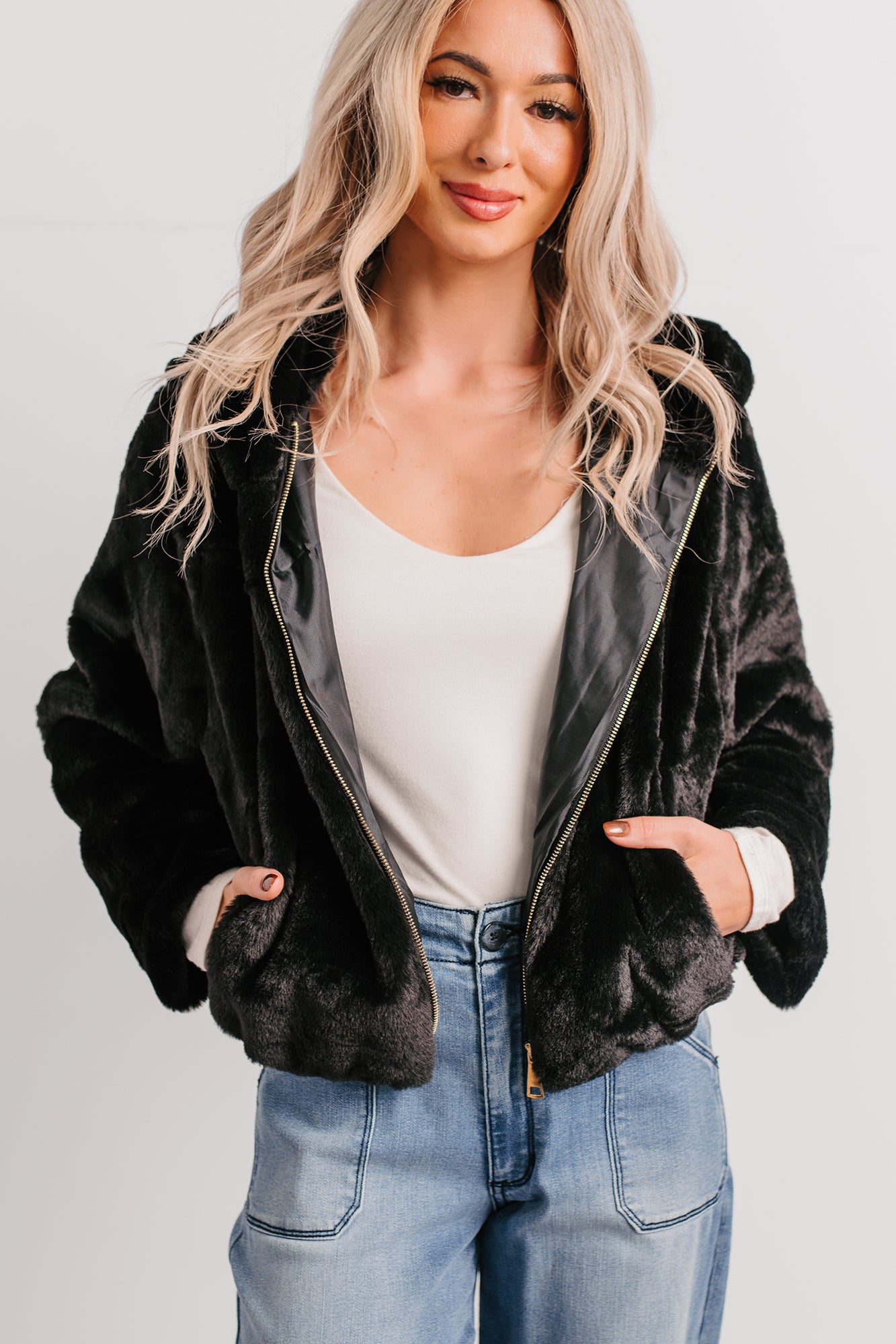 Daydream Girl Faux Fur Hooded Crop Jacket (Black) - NanaMacs