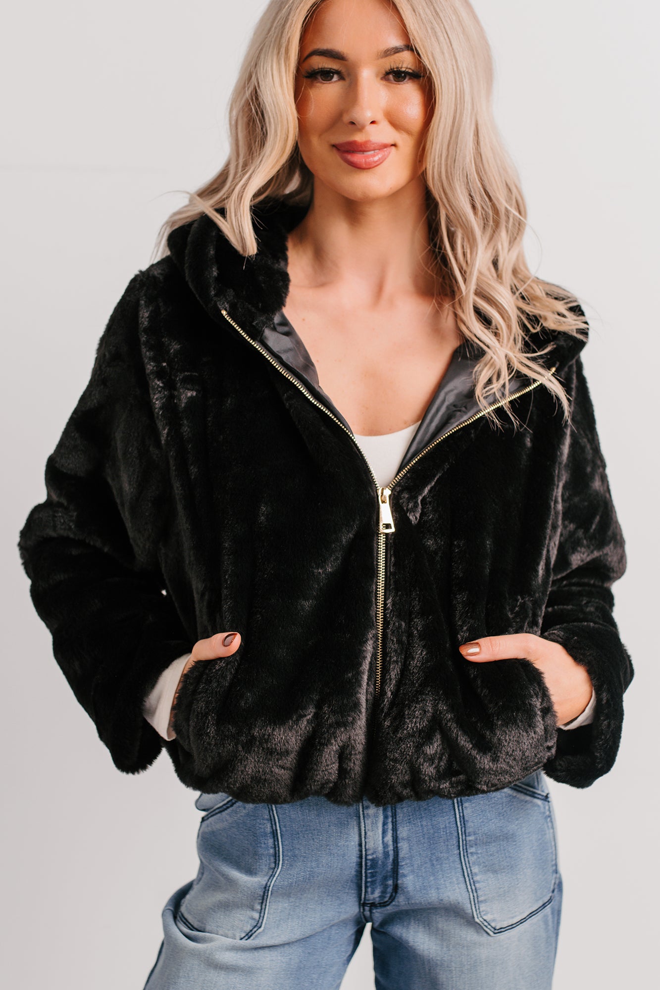 Daydream Girl Faux Fur Hooded Crop Jacket (Black) - NanaMacs