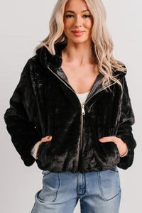 Daydream Girl Faux Fur Hooded Crop Jacket (Black) - NanaMacs