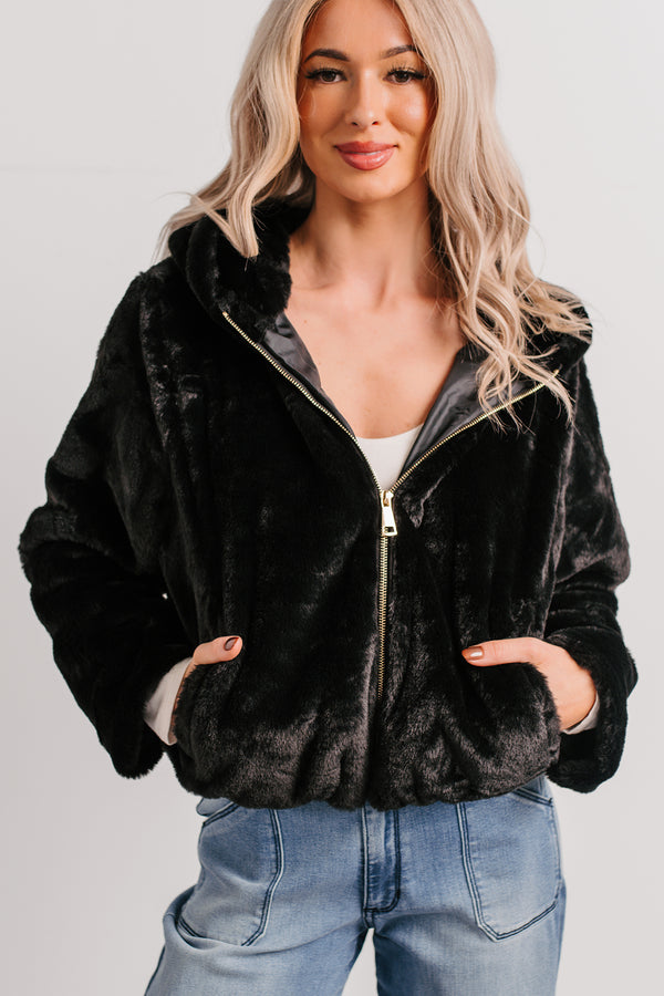 Daydream Girl Faux Fur Hooded Crop Jacket (Black)