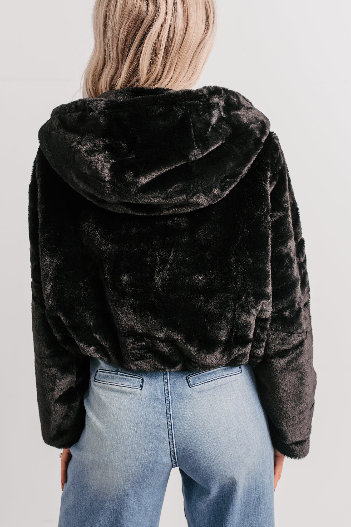 Daydream Girl Faux Fur Hooded Crop Jacket (Black) - NanaMacs