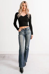 Born Sweet V Neck Ribbed Knit Top (Black) - NanaMacs