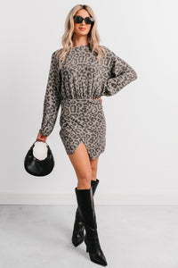 Little Miss Bossy Asymmetric Mini Dress (Grey Leopard) - NanaMacs