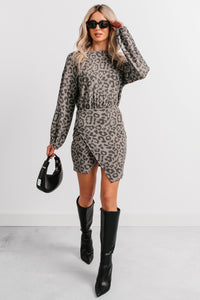 Little Miss Bossy Asymmetric Mini Dress (Grey Leopard) - NanaMacs