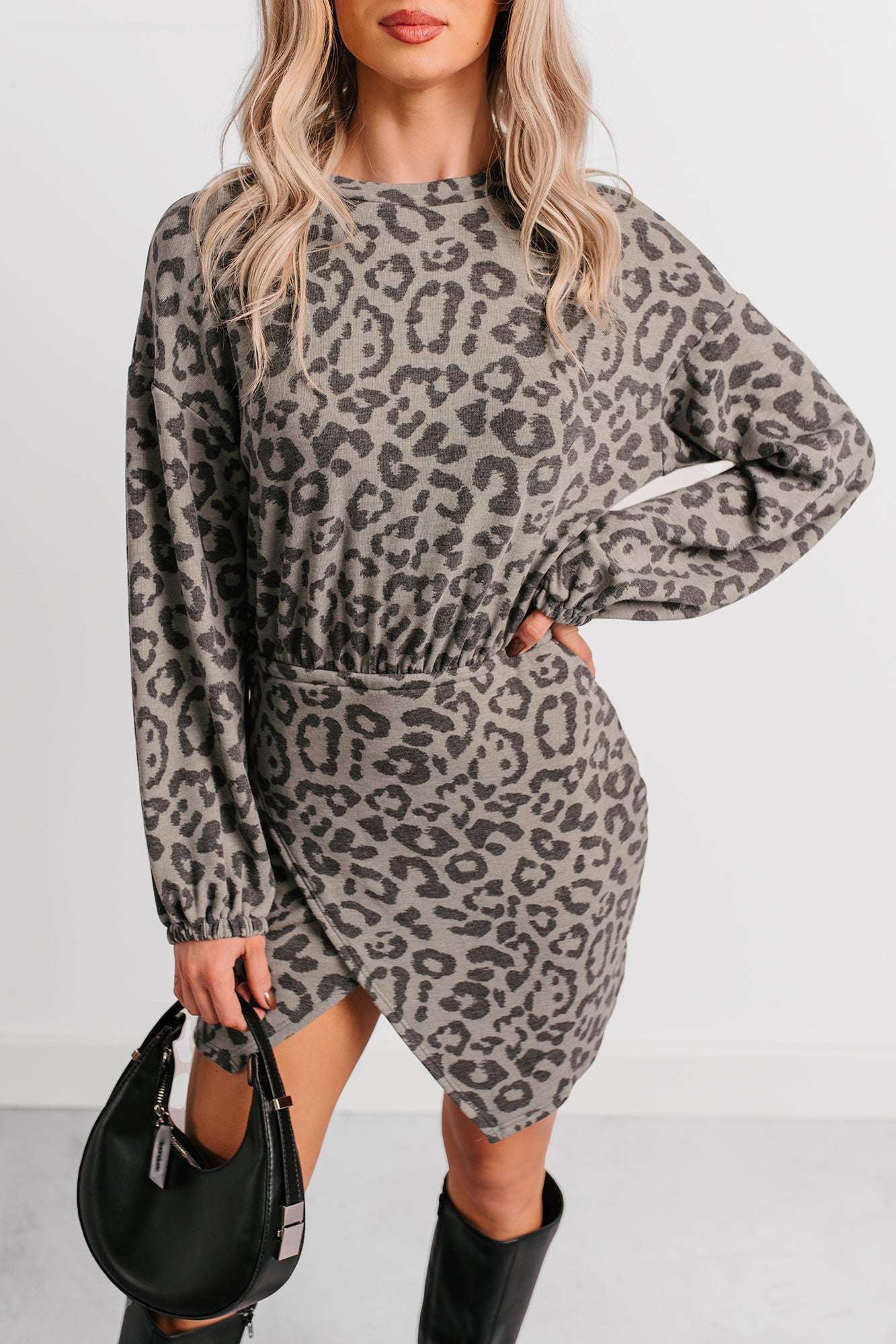 Little Miss Bossy Asymmetric Mini Dress (Grey Leopard) - NanaMacs