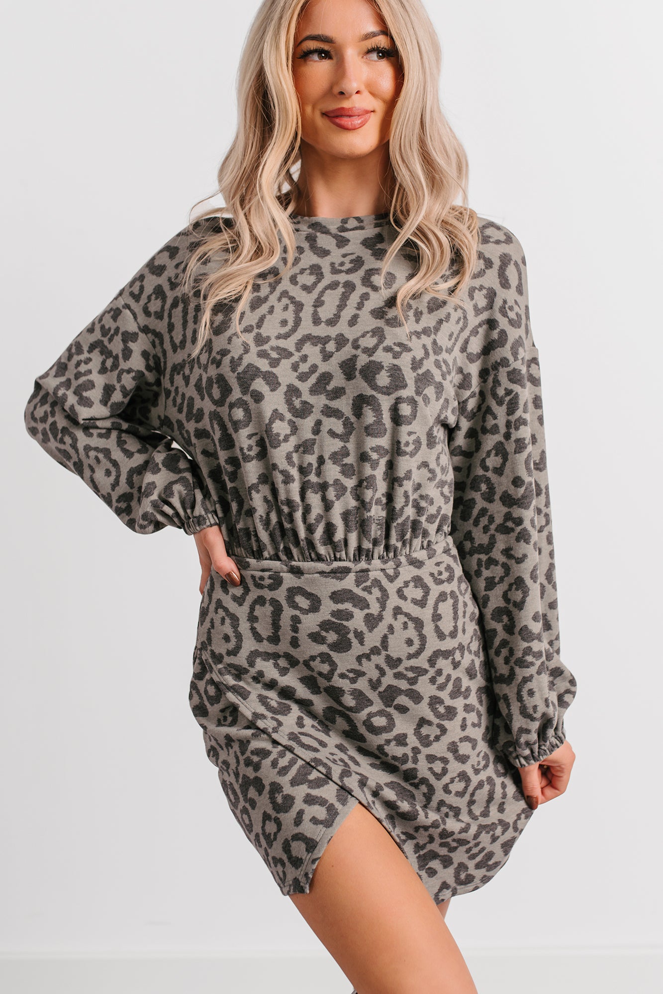 Little Miss Bossy Asymmetric Mini Dress (Grey Leopard) - NanaMacs