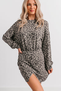 Little Miss Bossy Asymmetric Mini Dress (Grey Leopard) - NanaMacs