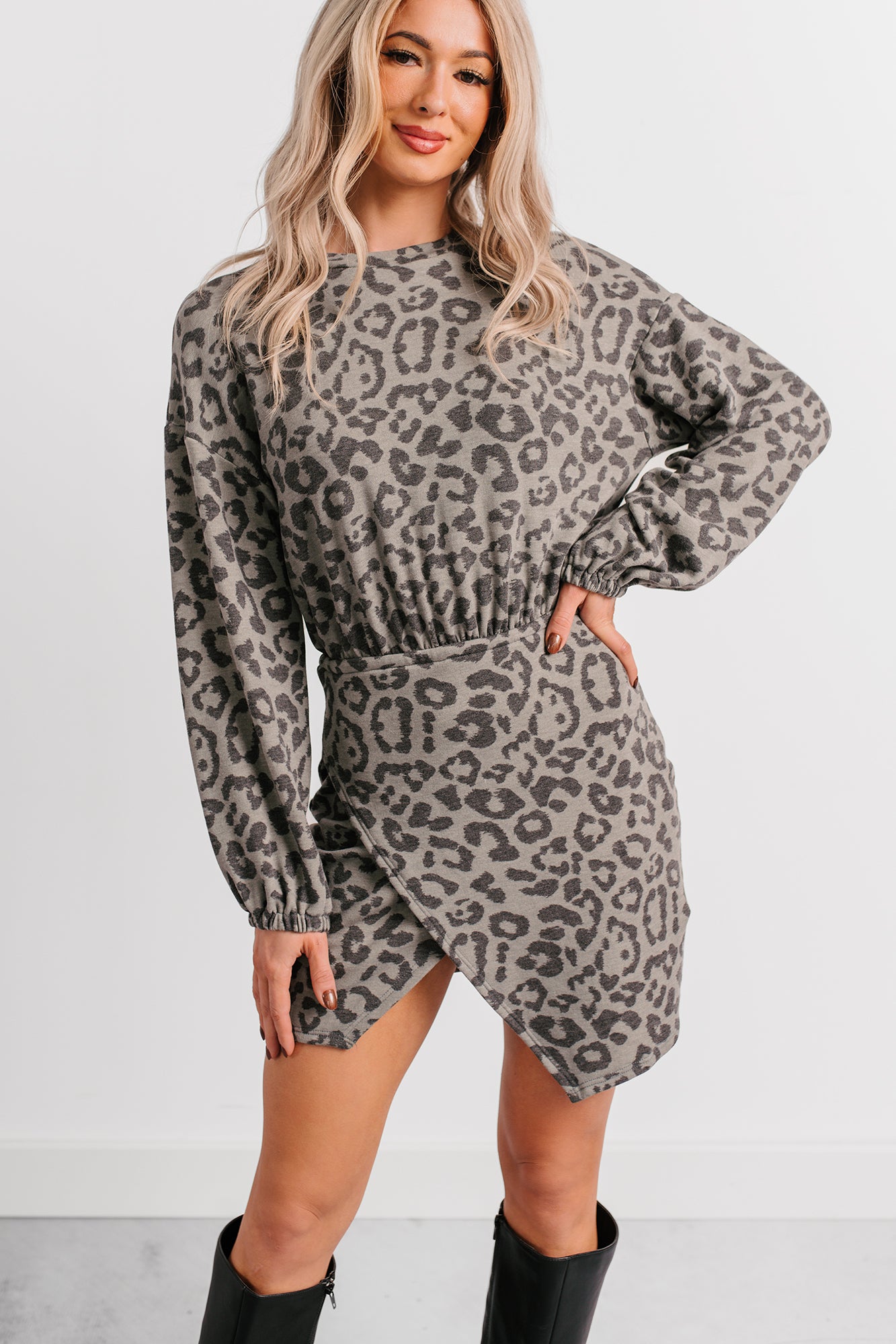 Little Miss Bossy Asymmetric Mini Dress (Grey Leopard) - NanaMacs