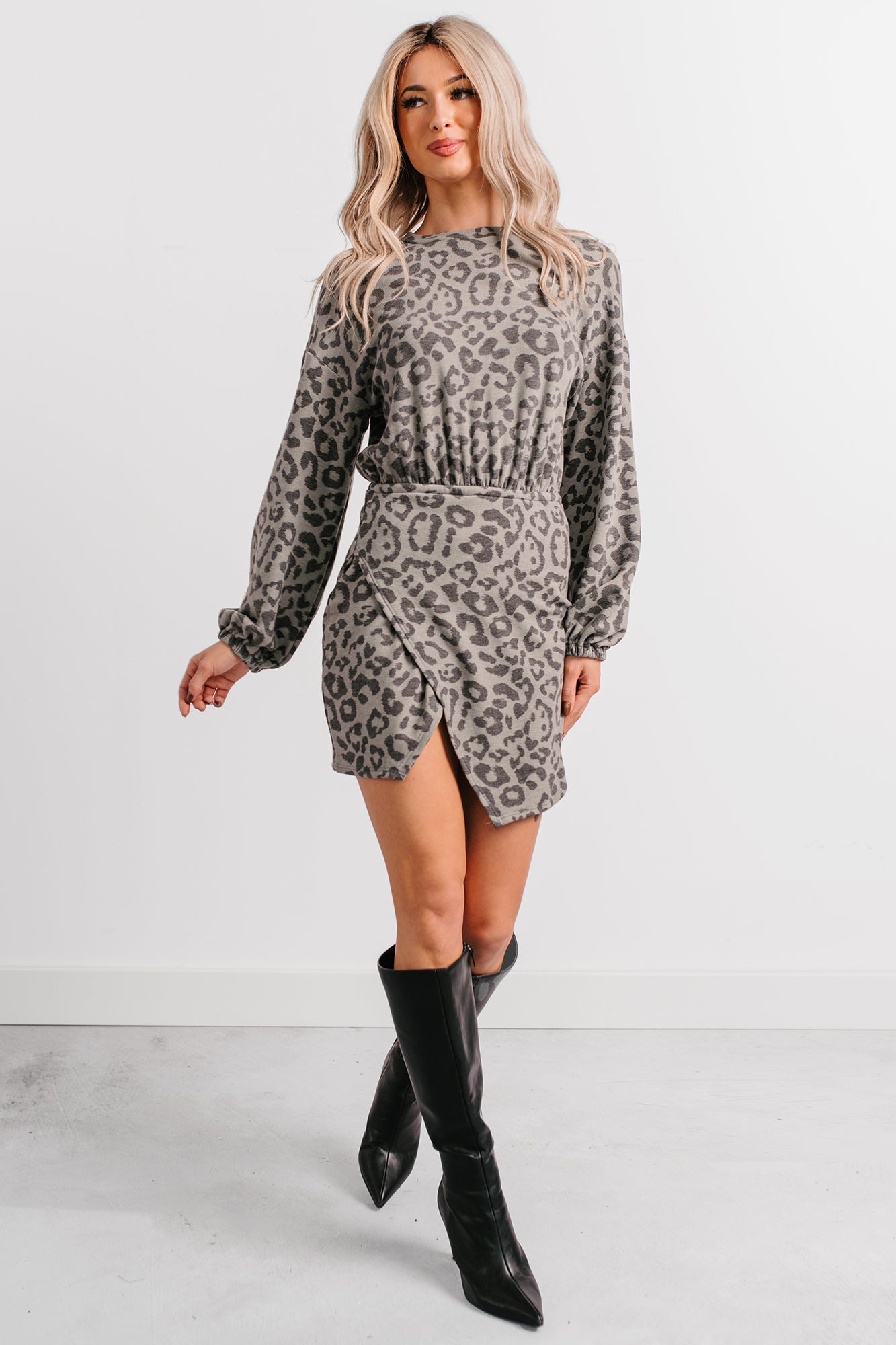 Little Miss Bossy Asymmetric Mini Dress (Grey Leopard) - NanaMacs