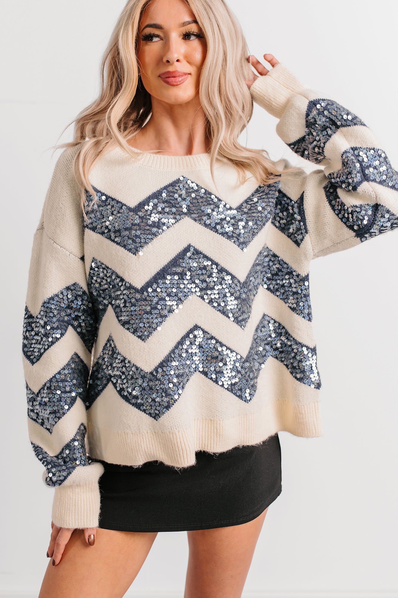 Ran On Radiance Sequin Chevron Sweater (Navy) - NanaMacs