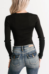 Born Sweet V Neck Ribbed Knit Top (Black) - NanaMacs