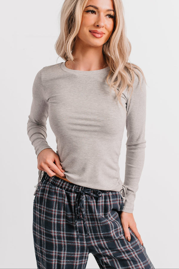 Rich Glow Ribbed Side Ruched Long Sleeve Top (Heather Grey) - NanaMacs