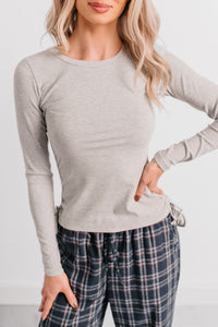 Rich Glow Ribbed Side Ruched Long Sleeve Top (Heather Grey) - NanaMacs
