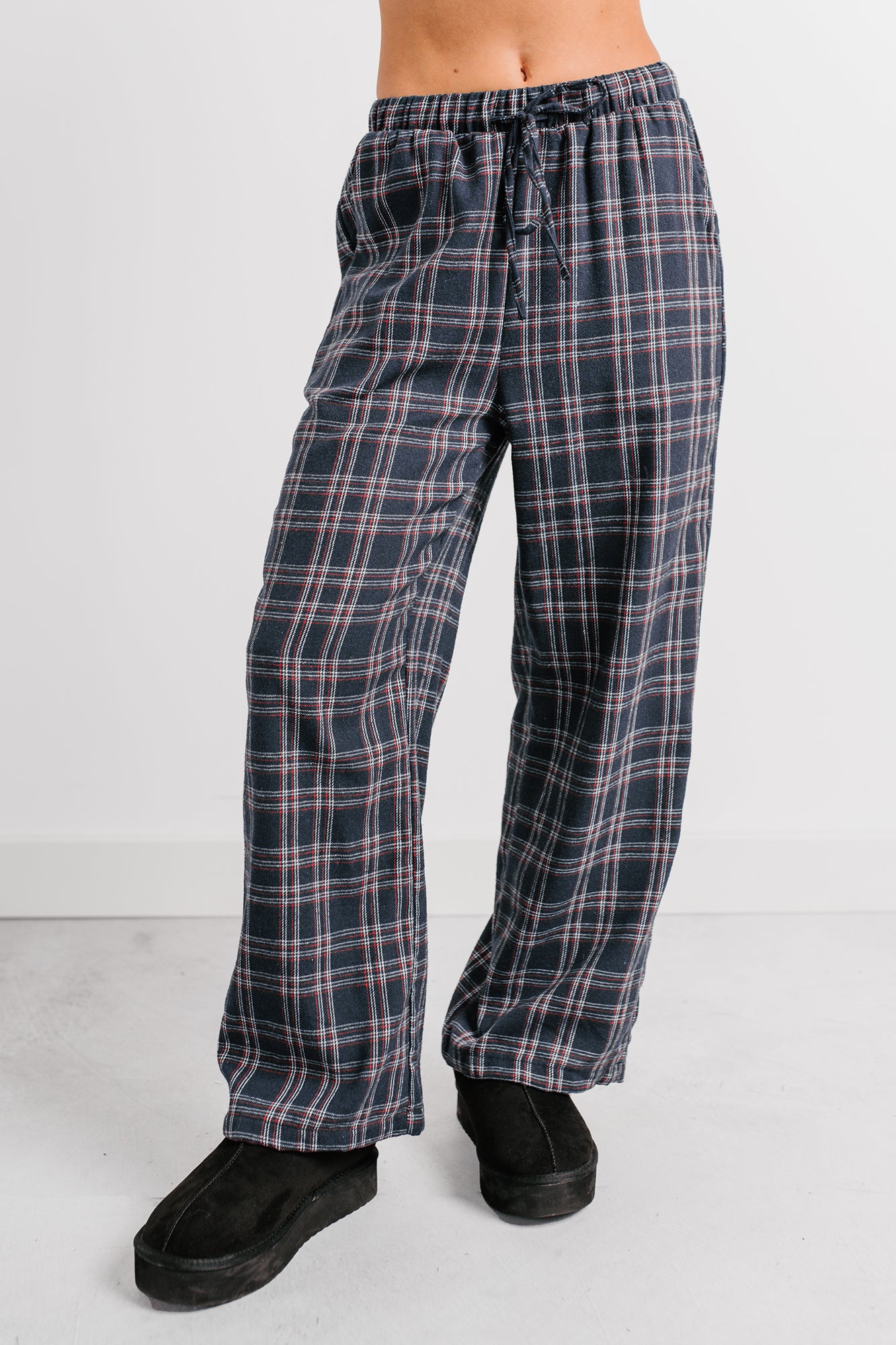 Embracing Less Wide Leg Plaid Pants (Navy) · NanaMacs