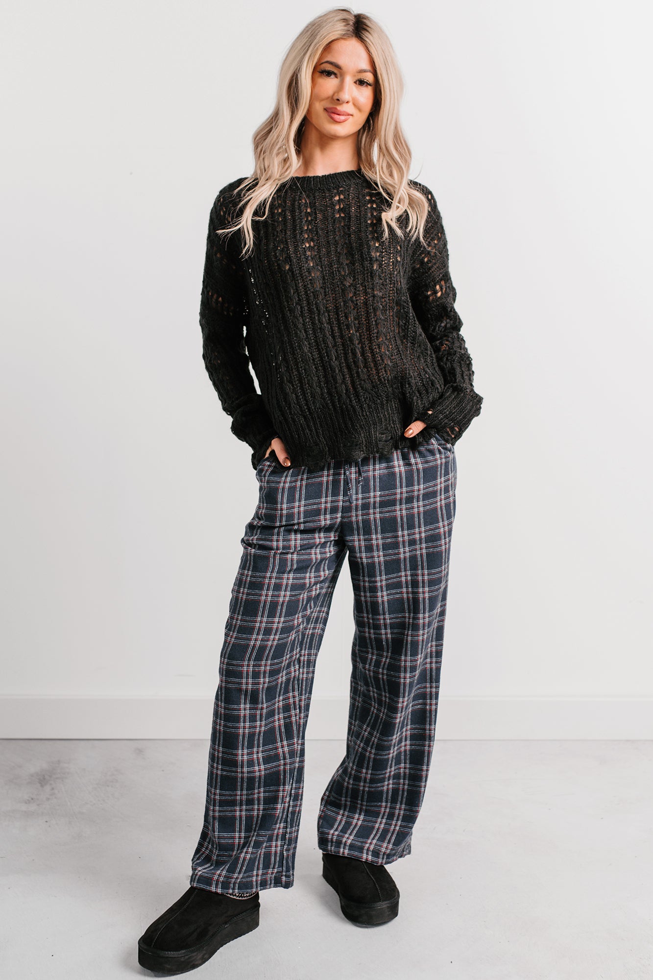 Embracing Less Wide Leg Plaid Pants (Navy) · NanaMacs