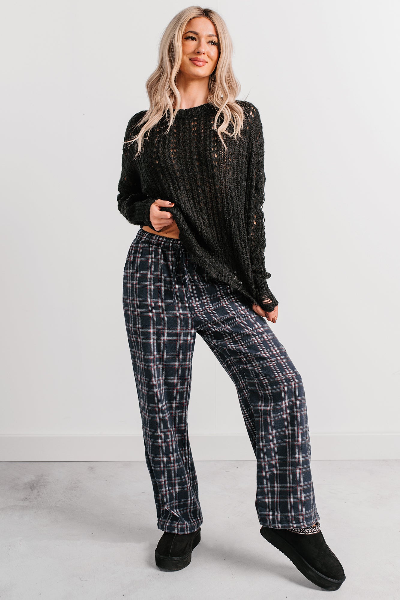 Embracing Less Wide Leg Plaid Pants (Navy) · NanaMacs