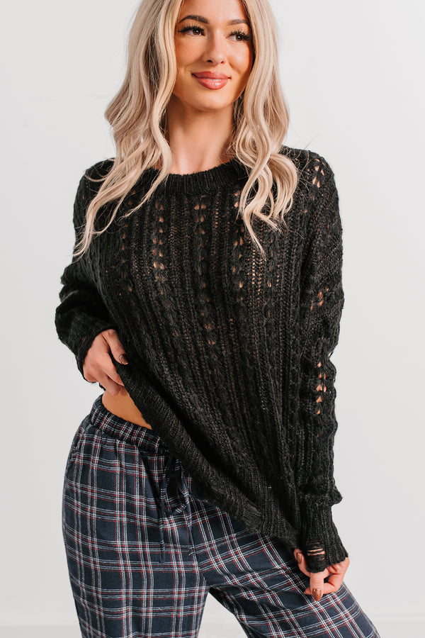 Peace Within Long Sleeve Cable Knit Sweater (Black) - NanaMacs