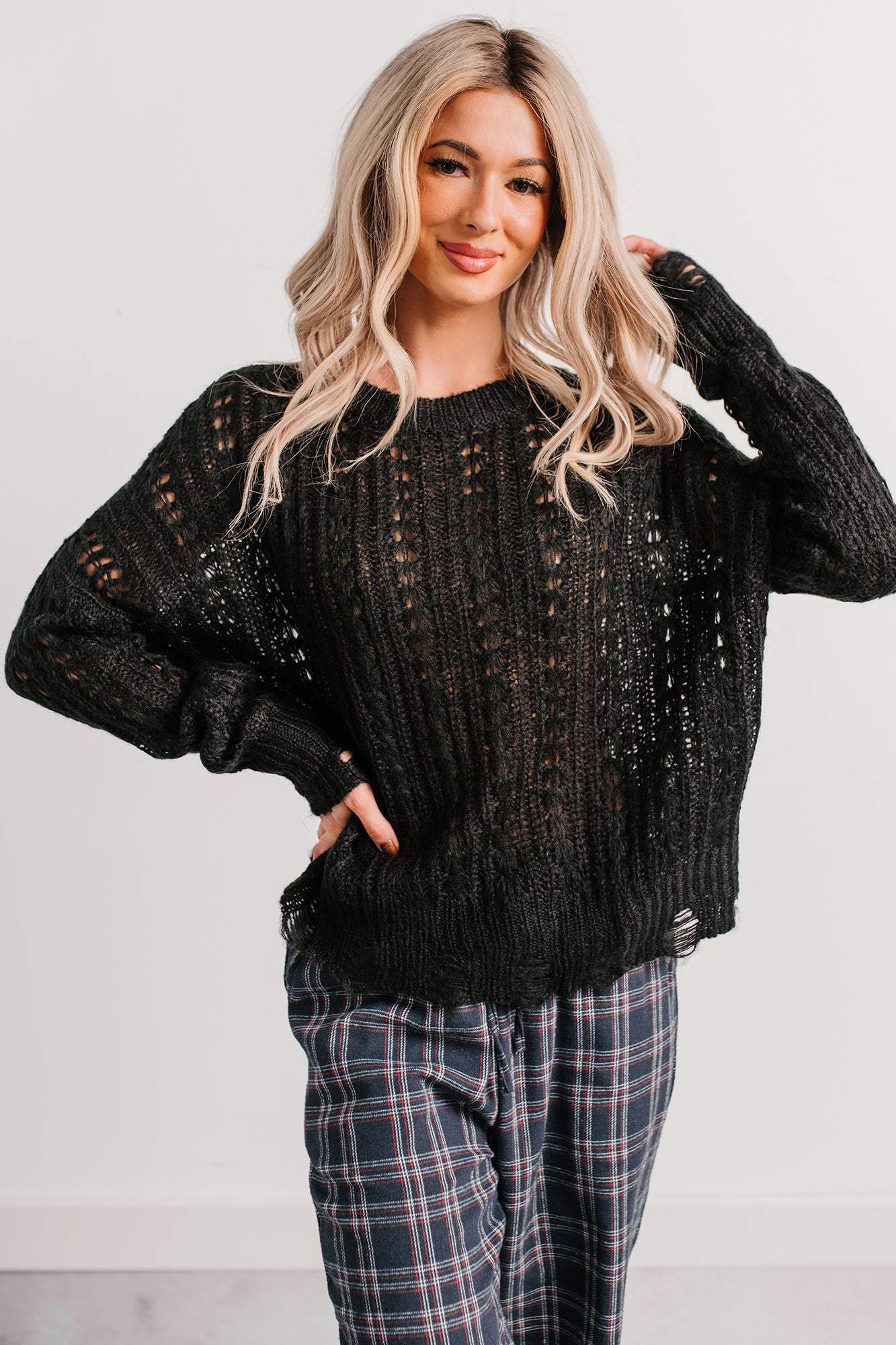 Peace Within Long Sleeve Cable Knit Sweater (Black) - NanaMacs