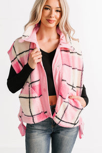 Let It All Go Plaid Fleece Vest (Pink) - NanaMacs