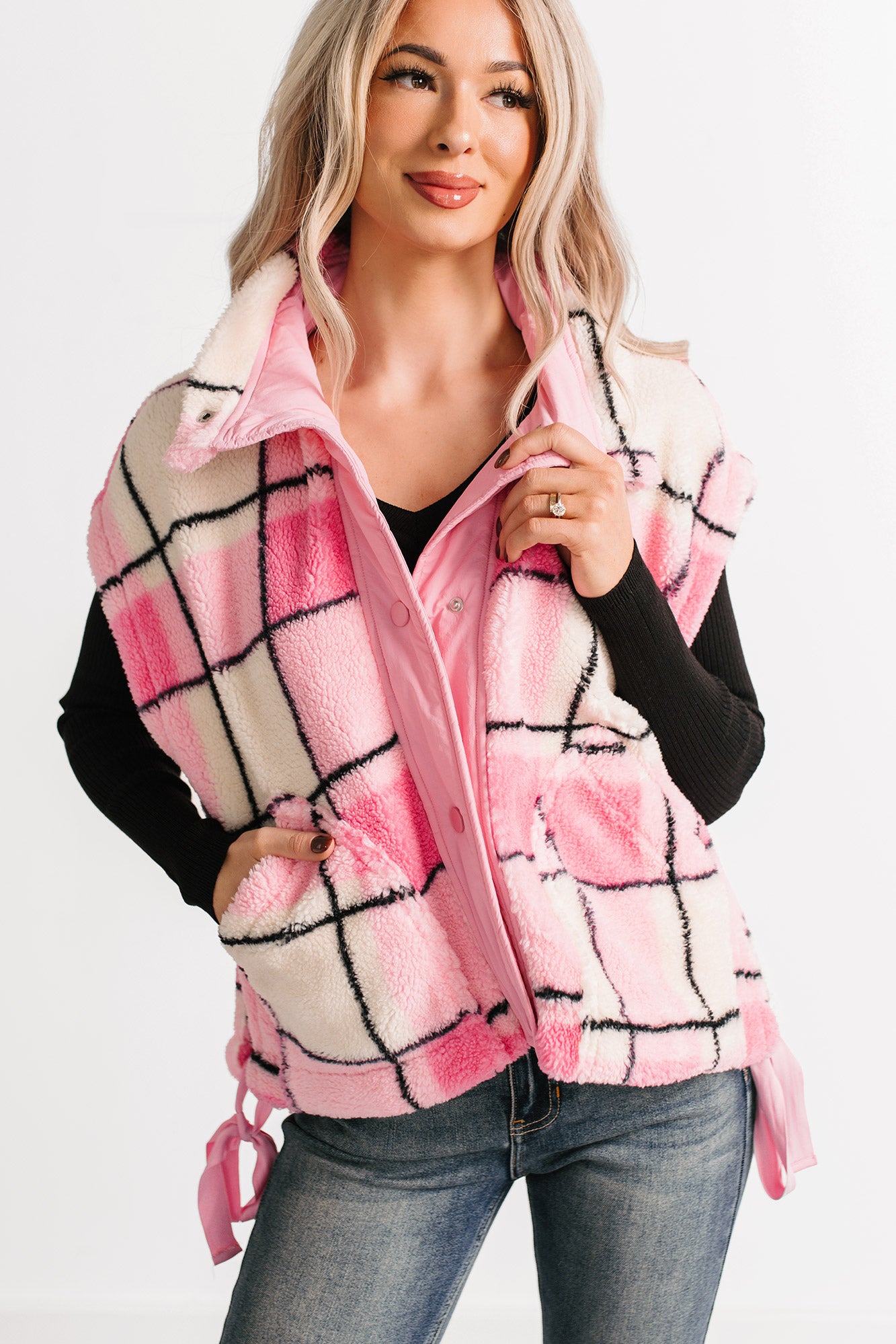 Let It All Go Plaid Fleece Vest (Pink) - NanaMacs