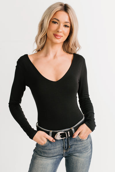 Turning Heads Cross Back Deep V Bodysuit (Black)