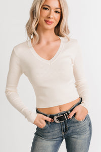 Born Sweet V Neck Ribbed Knit Top (Cream) - NanaMacs