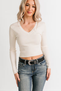 Born Sweet V Neck Ribbed Knit Top (Cream) - NanaMacs
