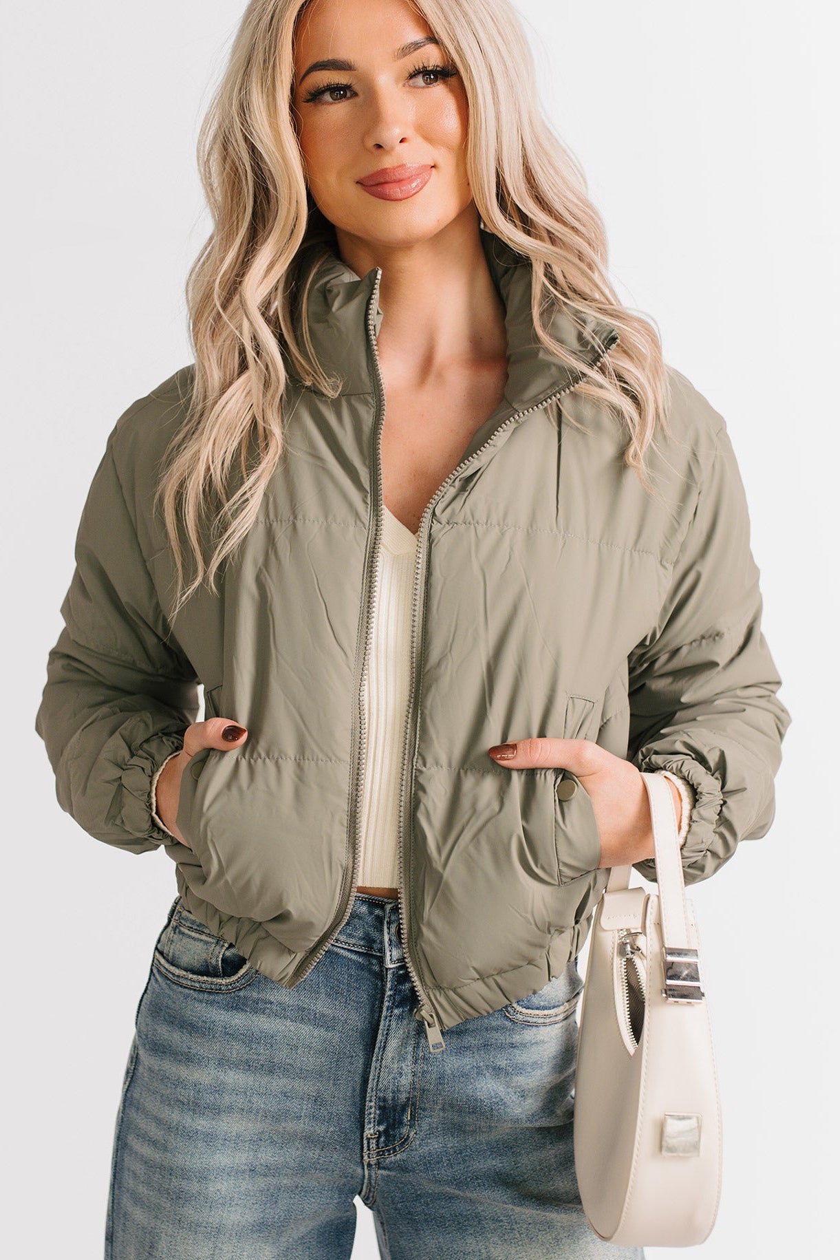 Night Shift Mock Turtleneck Zip-Up Puffer Jacket (Olive) - Ships by 12/10 - NanaMacs