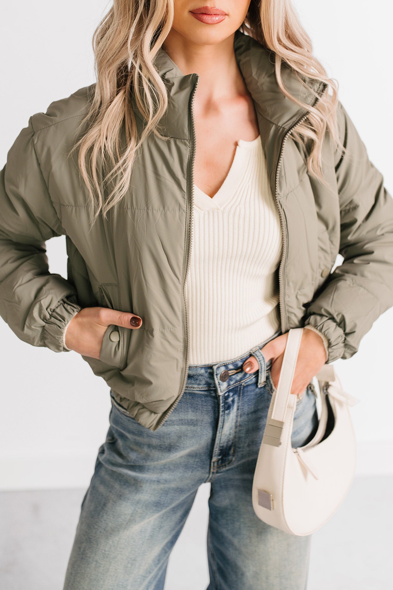 Night Shift Mock Turtleneck Zip-Up Puffer Jacket (Olive) - Ships by 12/10 - NanaMacs