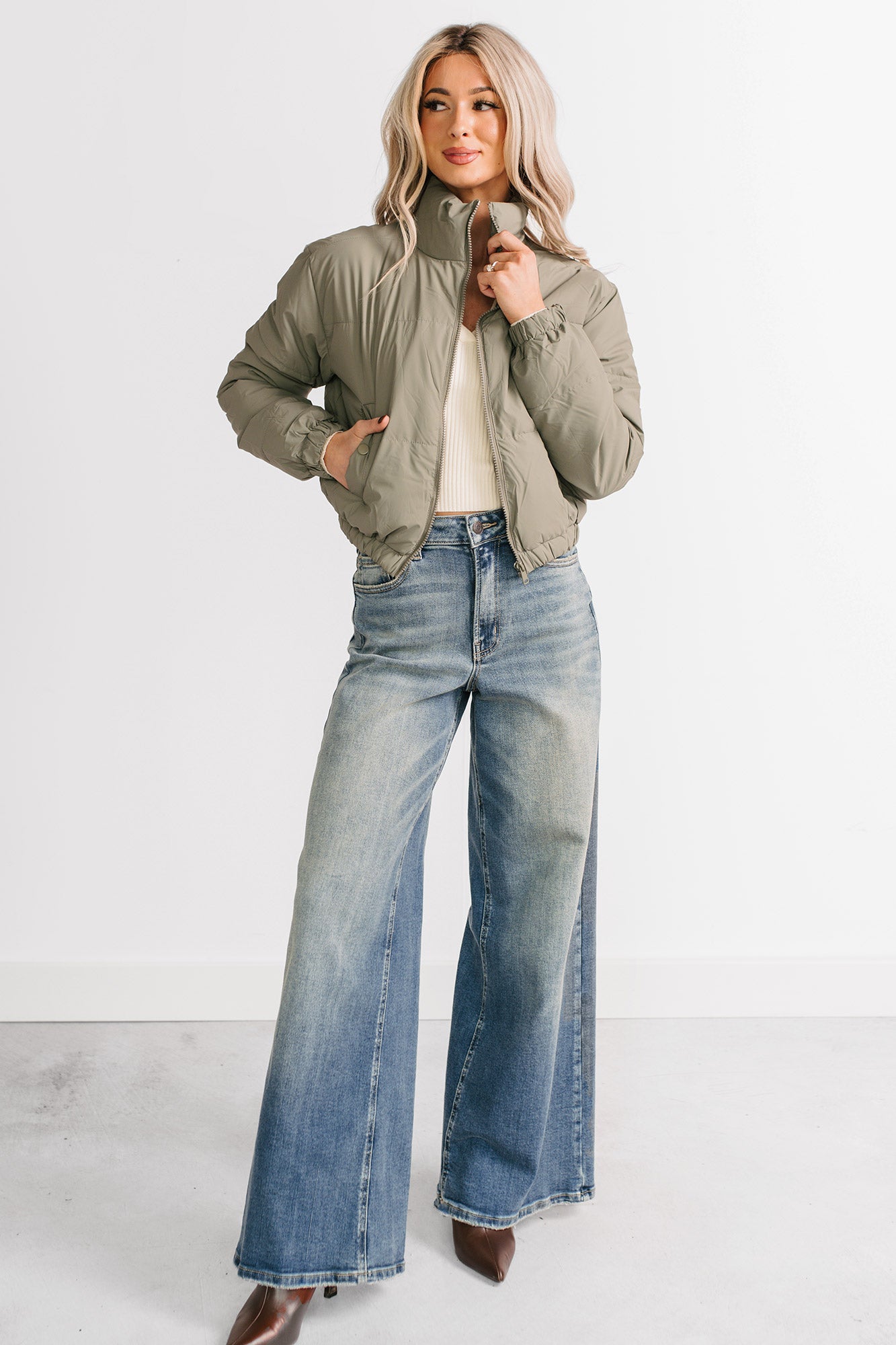 Night Shift Mock Turtleneck Zip-Up Puffer Jacket (Olive) - Ships by 12/10 - NanaMacs