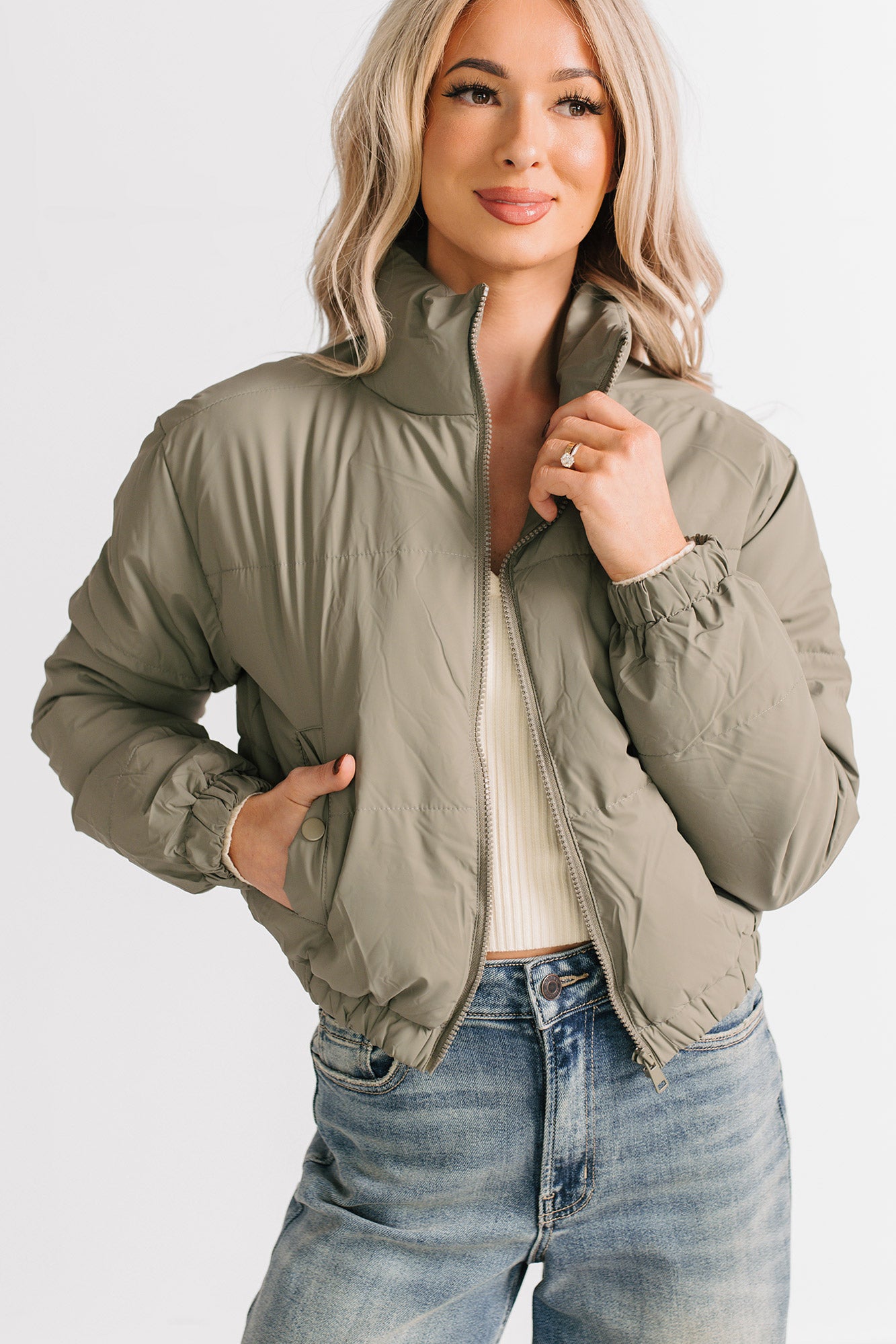 Night Shift Mock Turtleneck Zip-Up Puffer Jacket (Olive) - Ships by 12/10 - NanaMacs