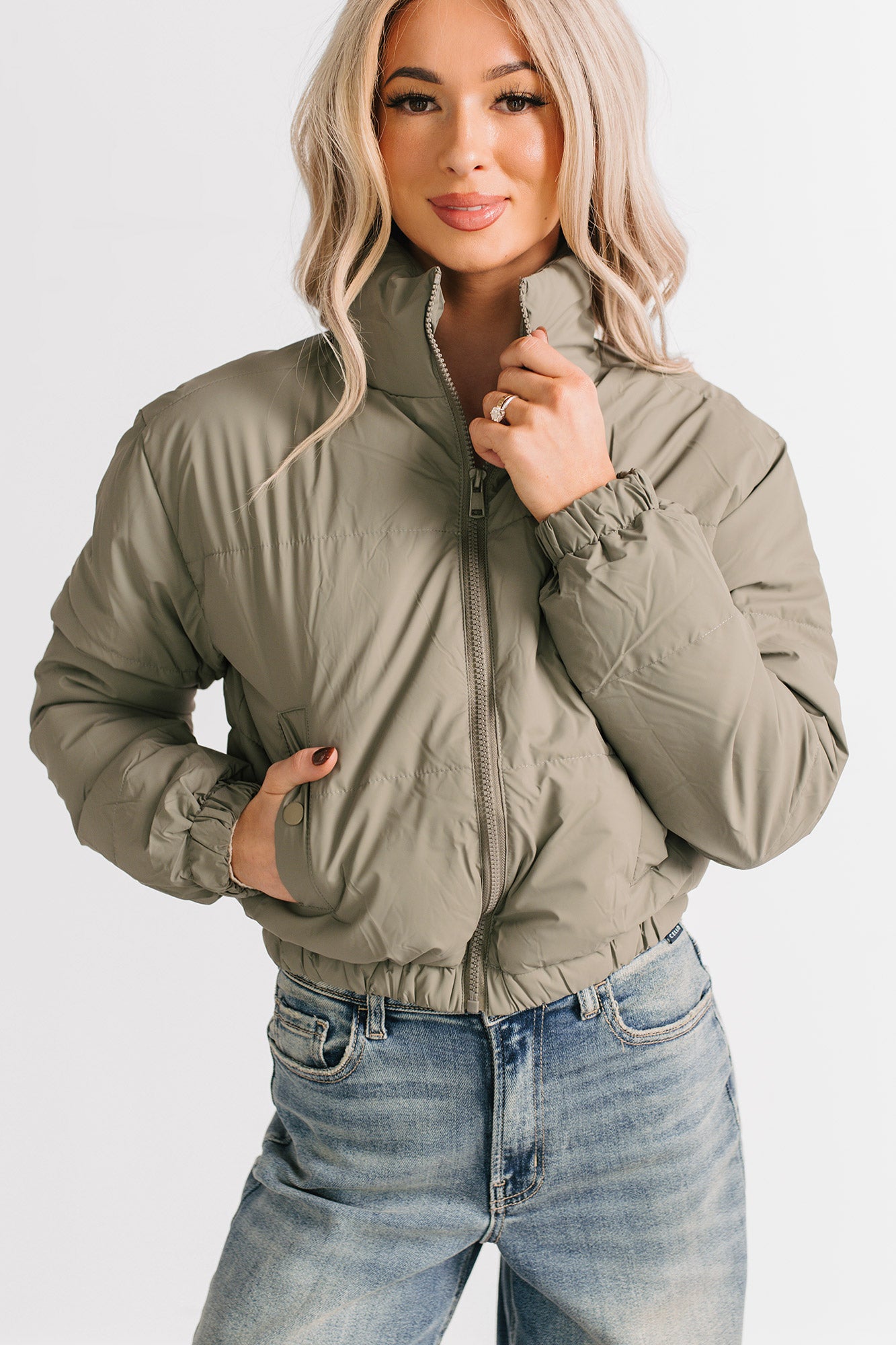 Night Shift Mock Turtleneck Zip-Up Puffer Jacket (Olive) - Ships by 12/10 - NanaMacs