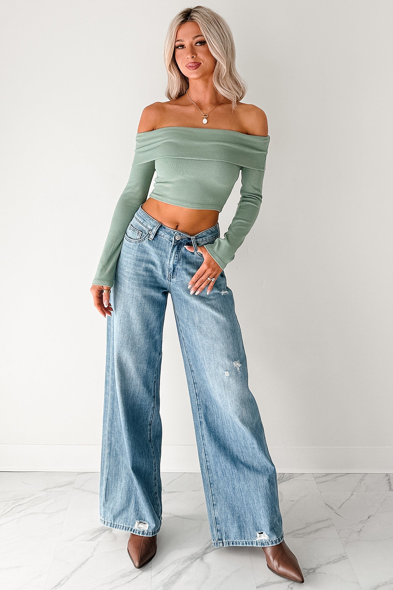 Fall Into Me Off The Shoulder Crop Top (Basil) - NanaMacs