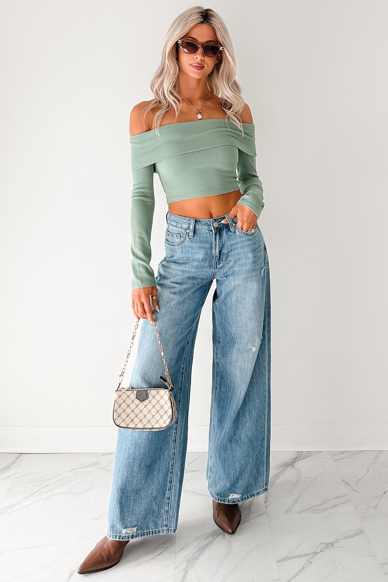Fall Into Me Off The Shoulder Crop Top (Basil) - NanaMacs