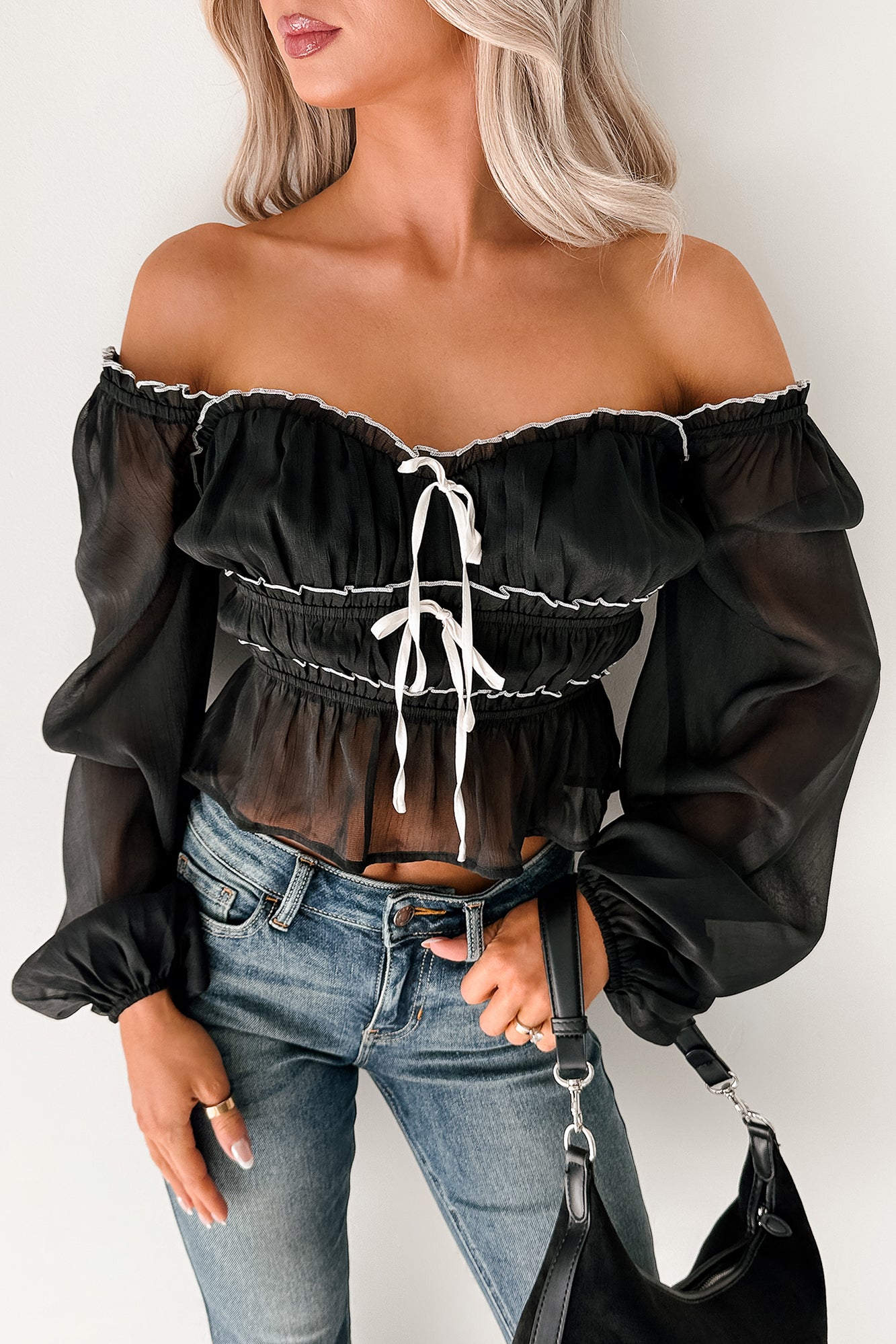 Cute With It Sweetheart Neck Bow Detail Top (Black) - NanaMacs