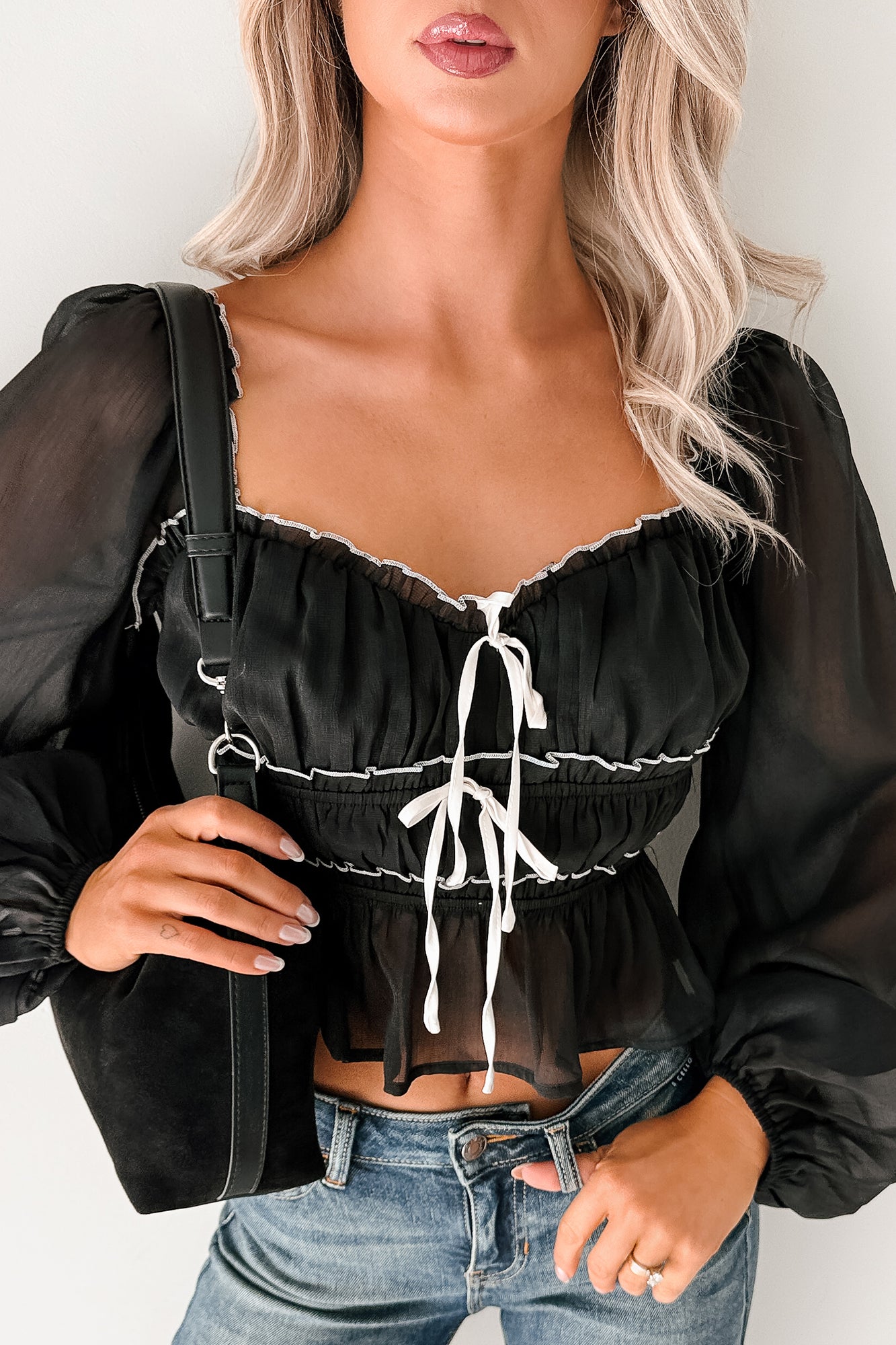 Cute With It Sweetheart Neck Bow Detail Top (Black) - NanaMacs