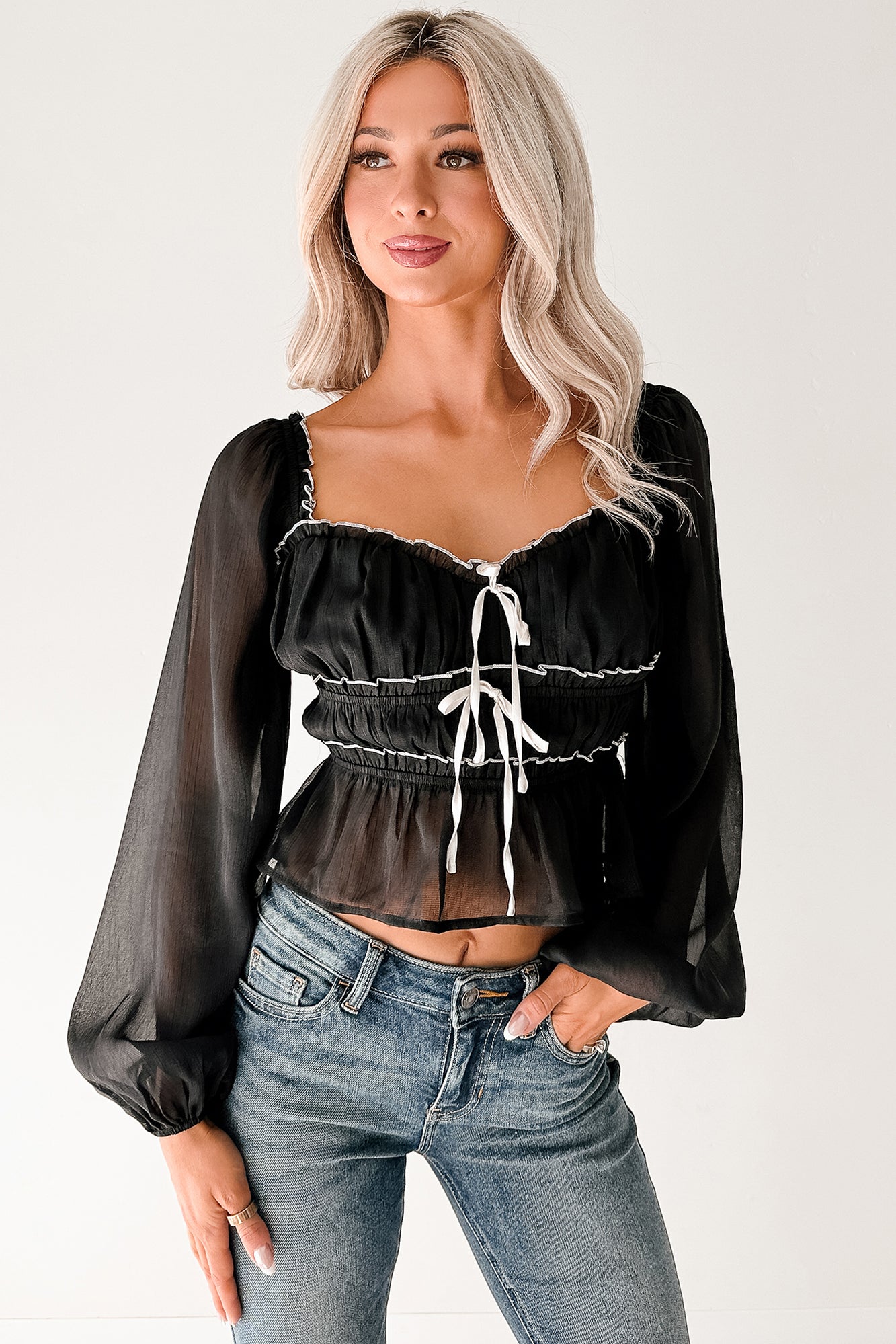 Cute With It Sweetheart Neck Bow Detail Top (Black) - NanaMacs